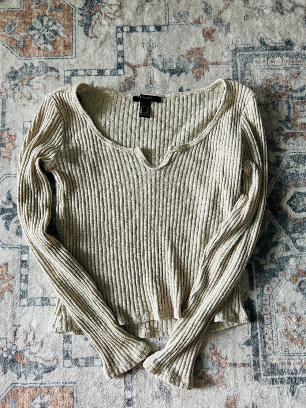 Forever 21 Ribbed Scoop Neck Long Sleeve Top - Beige